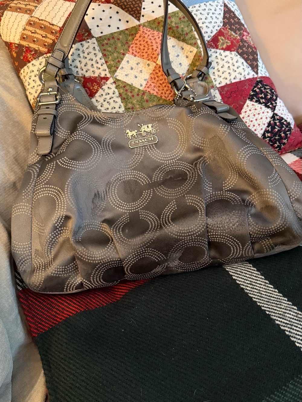 Coach Gray Signature SoHo Style HoBo - Coach Fabric Body With Leather Handles